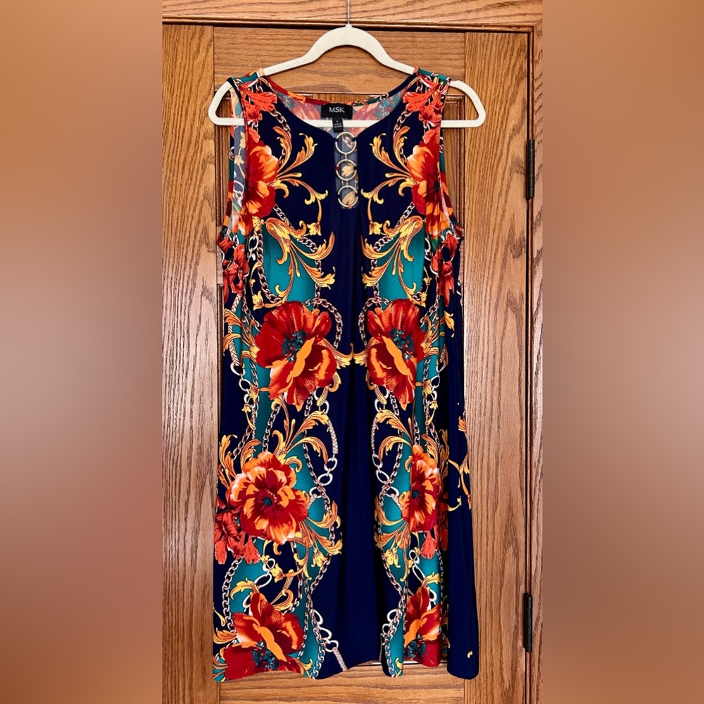 MSK Navy Floral Shift Dress with Red-Orange Blooms